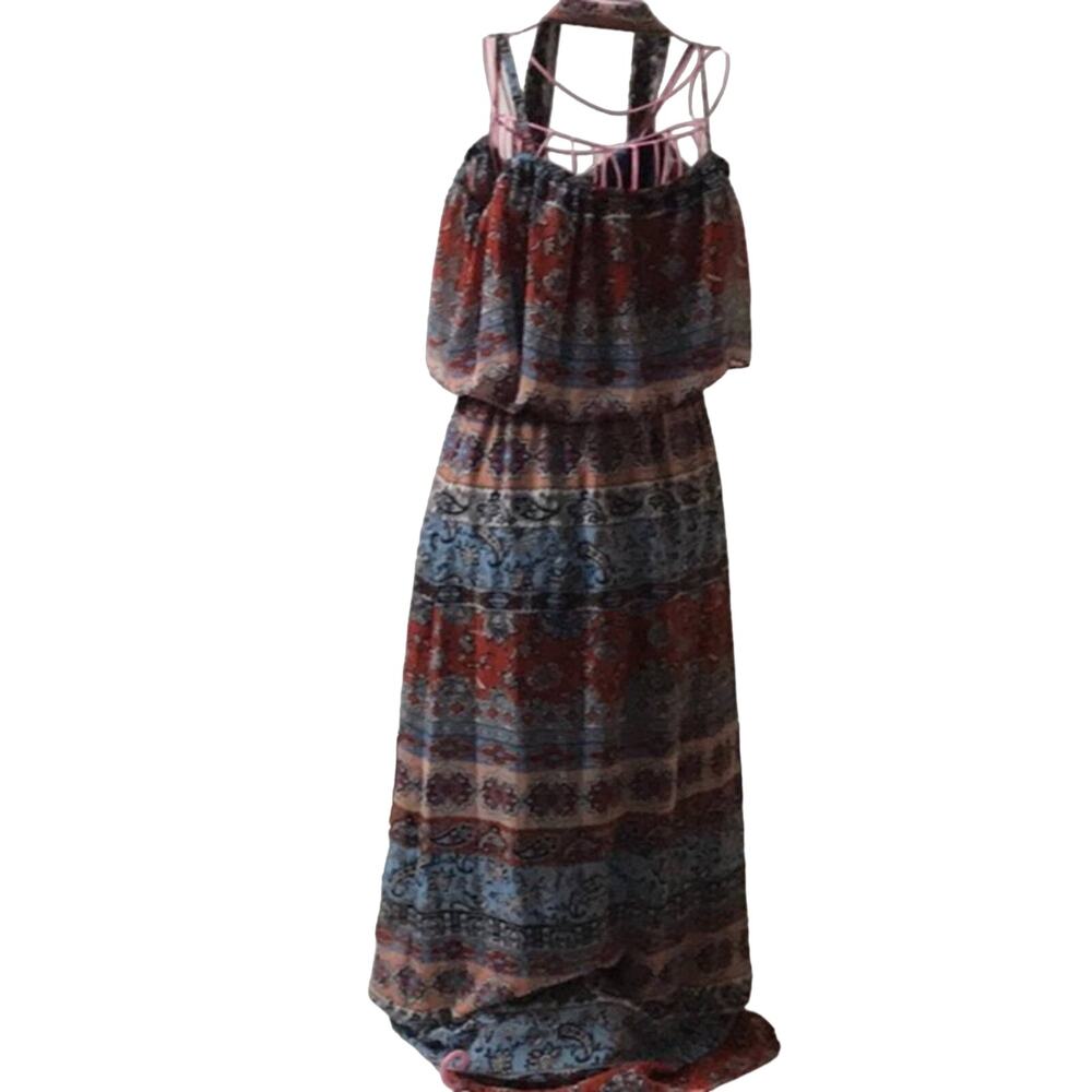 Leslie Fay Mixed Print Cold Shoulder Maxi Dress 6 Dopamine Bohemian Coconut Girl